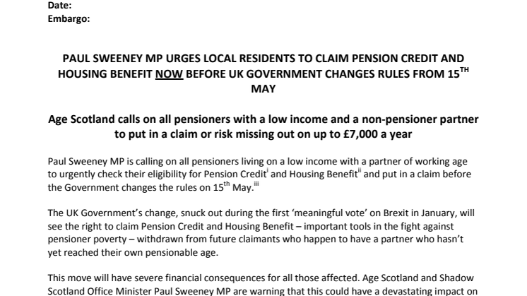 Age Scotland and Paul Sweeney MP urges local residents to claim Pension Credit and Housing Benefit now before UK Government changes rules