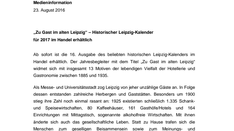 Pressemitteilung zur Veröffentlichung des historischen Leipzig-Kalenders 2017