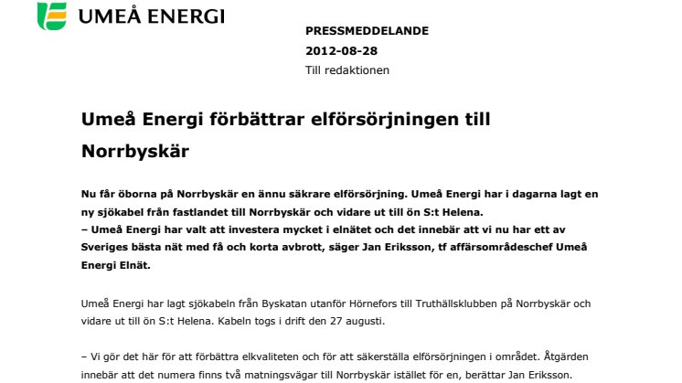Umeå Energi förbättrar elförsörjningen till Norrbyskär