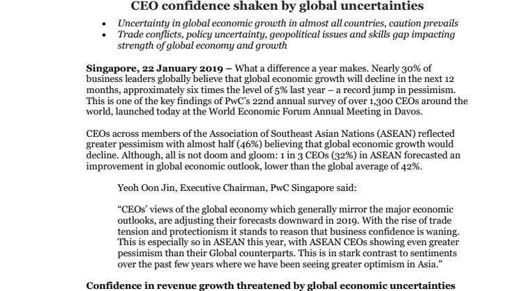 CEO confidence shaken by global uncertainties
