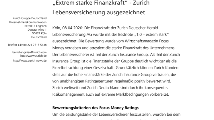 „Extrem starke Finanzkraft“ - Zurich Lebensversicherung ausgezeichnet