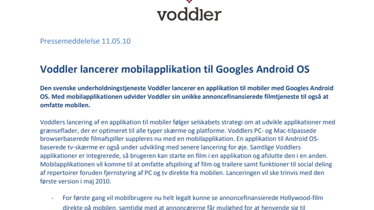 Voddler lancerer mobilapplikation til Googles Android OS