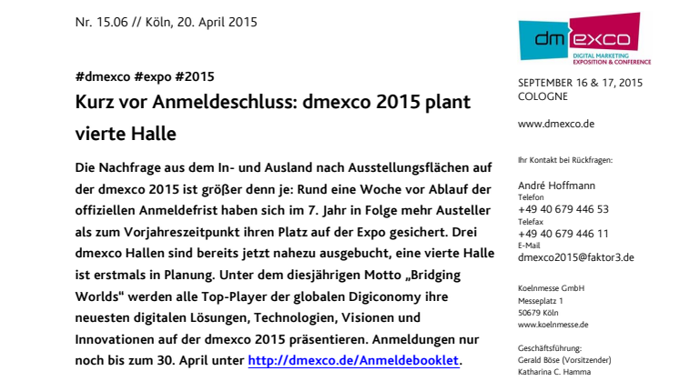 Kurz vor Anmeldeschluss: dmexco 2015 plant vierte Halle