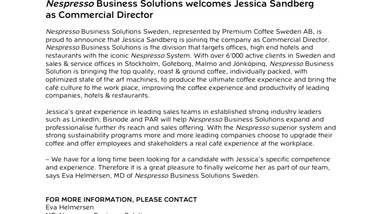 Nespresso Business Solutions welcomes Jessica Sandberg