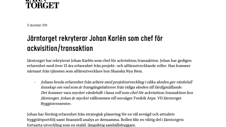 Järntorget rekryterar Johan Karlén som chef för ackvisition/transaktion