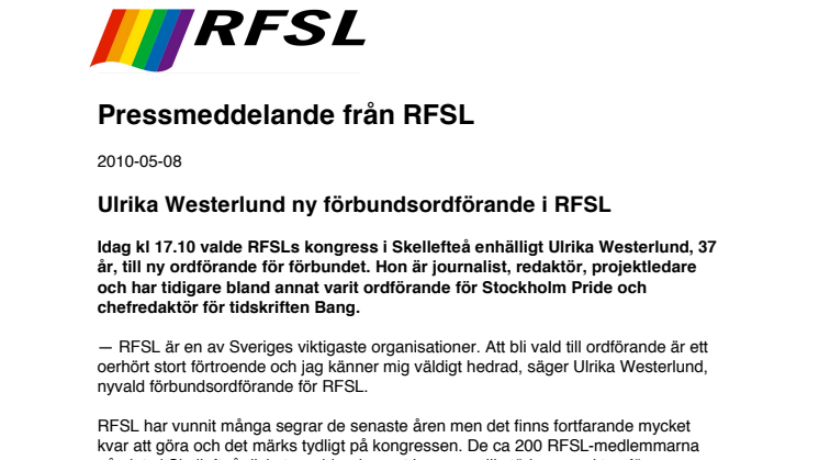 Ulrika Westerlund ny förbundsordförande i RFSL