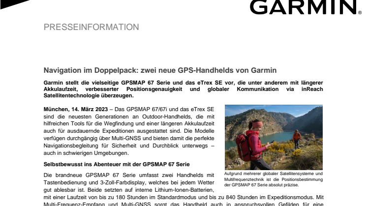 Garmin Pressemitteilung GPSMAP 67/67i & eTrex SE DE