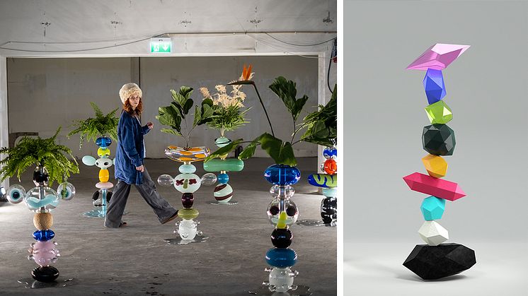 Vänster: Frida Fjellman bland glasskulpturer. Foto: Daniel Camerini. Höger: Skiss på skulptur "I balans" för Ersta nya sjukhus.