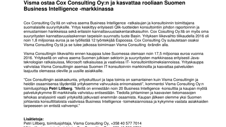 Visma ostaa Cox Consulting Oy:n ja kasvattaa rooliaan Suomen Business Intelligence -markkinassa