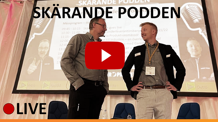 Dormer Pramets podcast Skärande Podden Live på mässan Elmia Verktygsmaskiner 2022. På bilden är Dormer Pramets tekniska säljare Mattias Banelind och Torbjörn Johansson.