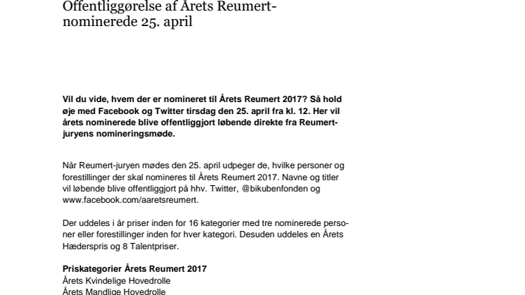 Offentliggørelse af Årets Reumert-nominerede 25. april