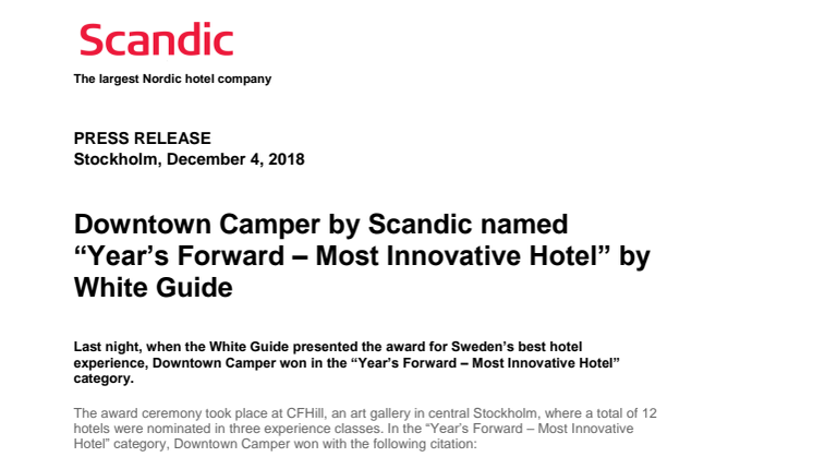 Downtown Camper by Scandic named “Year’s Forward – Most Innovative Hotel” by White Guide