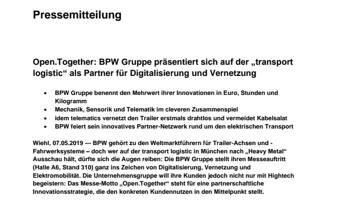 Open.Together: BPW Gruppe präsentiert sich auf der „transport logistic“ als Partner für Digitalisierung und Vernetzung 