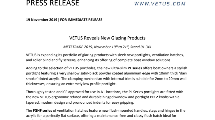 VETUS Reveals New Glazing Products