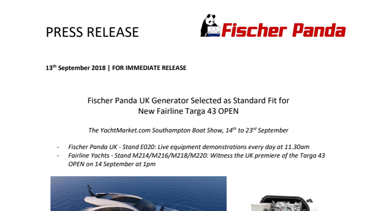 Fischer Panda UK Generator Selected as Standard Fit for New Fairline Targa 43 OPEN