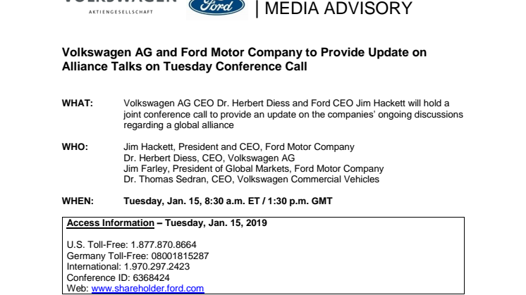 Ford VW Media Advisory