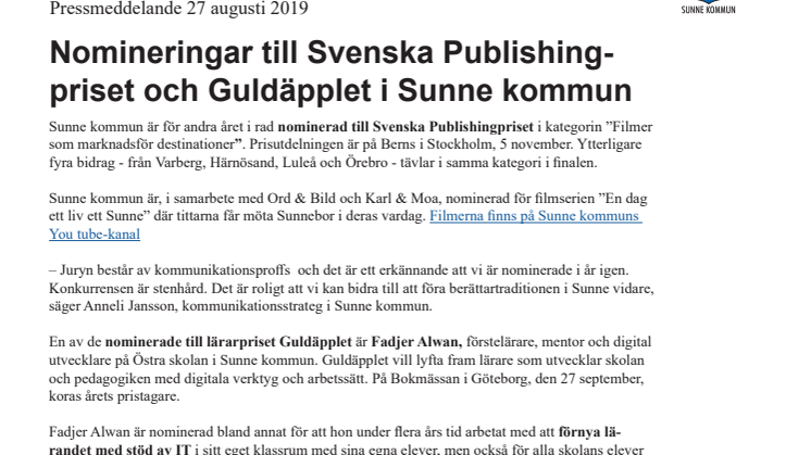 Nomineringar till Svenska Publishingpriset och Guldäpplet i Sunne kommun