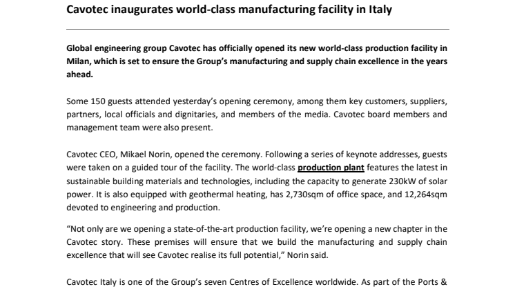 Cavotec inaugurates world-class manufacturing facility in Italy