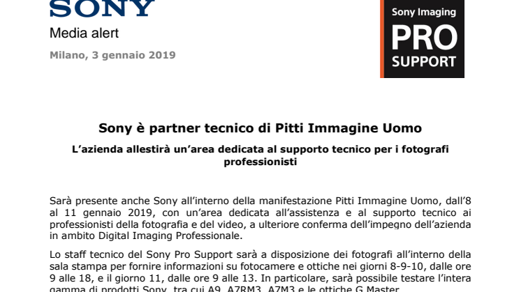 Sony è partner tecnico di Pitti Immagine Uomo 