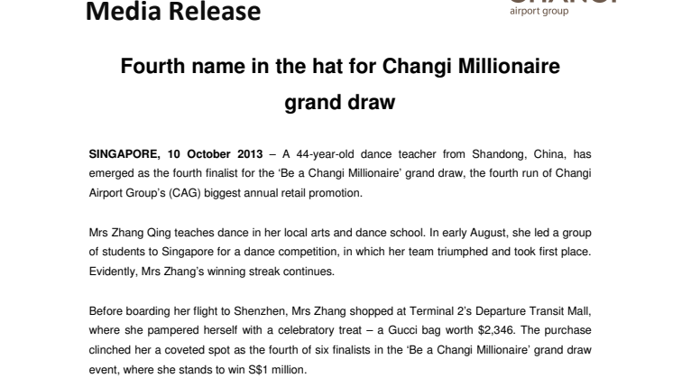 Fourth name in the hat for Changi Millionaire grand draw 