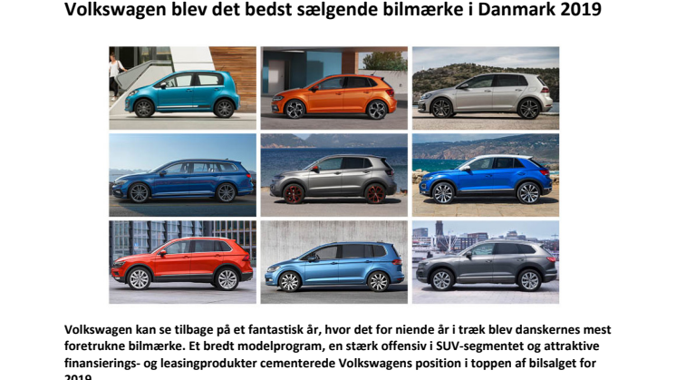 Volkswagen blev det bedst sælgende bilmærke i Danmark 2019