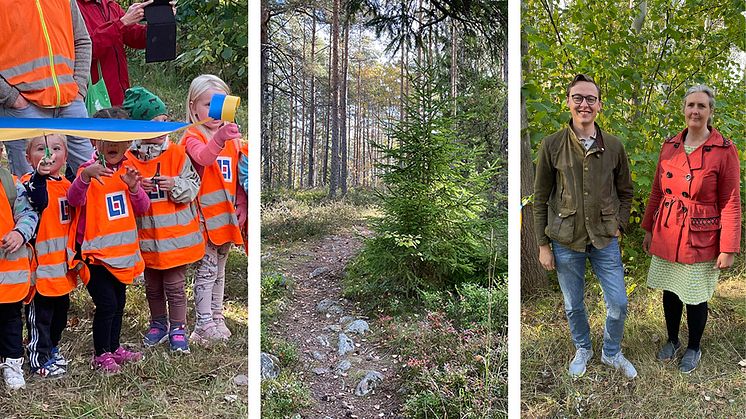 Barnen vid Lärkängens förskola och kommunalråden Alexander Torin (M) och Monika Bubholz inviger naturreservatet.