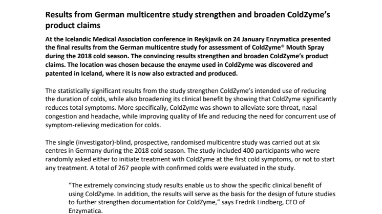 Results from German multicentre study strengthen and broaden ColdZyme’s product claims 