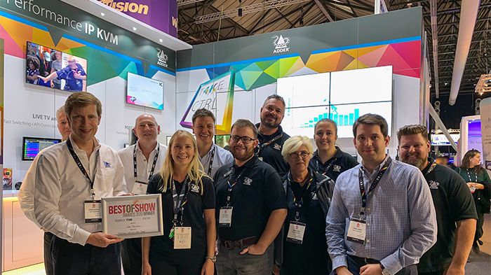 Adrian Dickens, CEO, Adder (far left), receives the 'Best of Show' award for the ADDERLink INFINITY 4000 with the rest of the Adder show team at IBC 2019