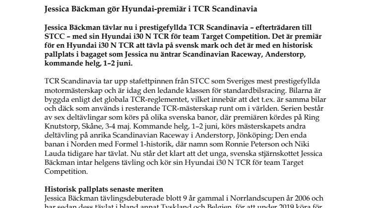 Jessica Bäckman gör Hyundai-premiär i TCR Scandinavia