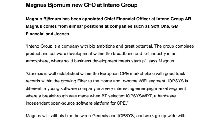 Magnus Björnum new CFO at Inteno Group