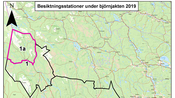 Karta som visar de olika områdena för 2019 års björnjakt, inklusive de två fasta besiktningsstationerna. 