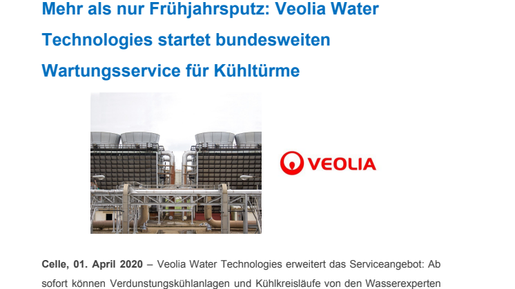 Mehr als nur Frühjahrsputz: Veolia Water Technologies startet bundesweiten Wartungsservice für Kühltürme