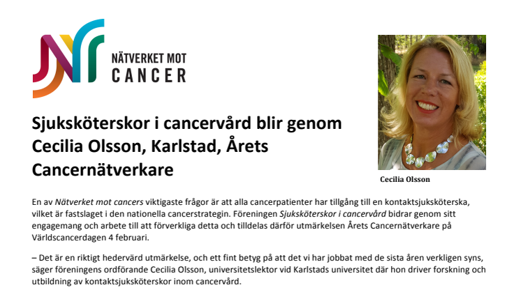 Sjuksköterskor i cancervård blir genom Cecilia Olsson, Karlstad, Årets Cancernätverkare