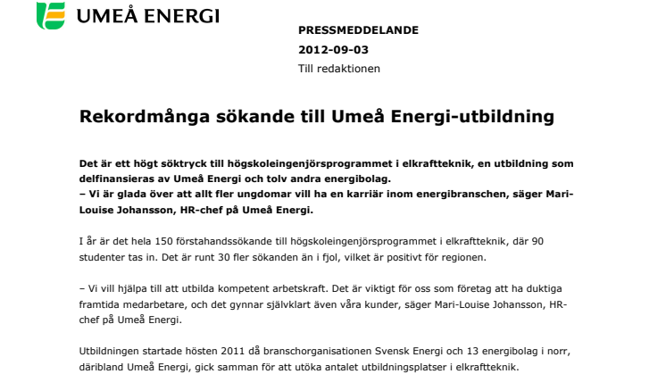 Rekordmånga sökande till Umeå Energi-utbildning