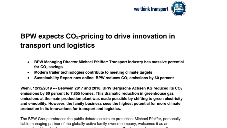 BPW expects CO2-pricing to drive innovation in transport and logistics