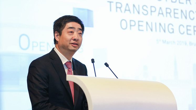 Ken Hu, Rotating Chairman för Huawei, vid tisdagens invigning av Cyber Security Transparency Centre i Bryssel.