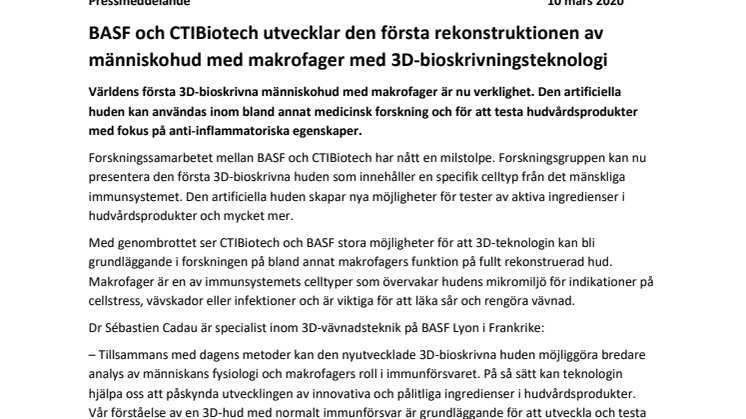 BASF och CTIBiotech utvecklar den första rekonstruktionen av människohud med makrofager med 3D-bioskrivningsteknologi