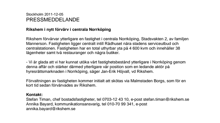 Rikshem i nytt förvärv i centrala Norrköping