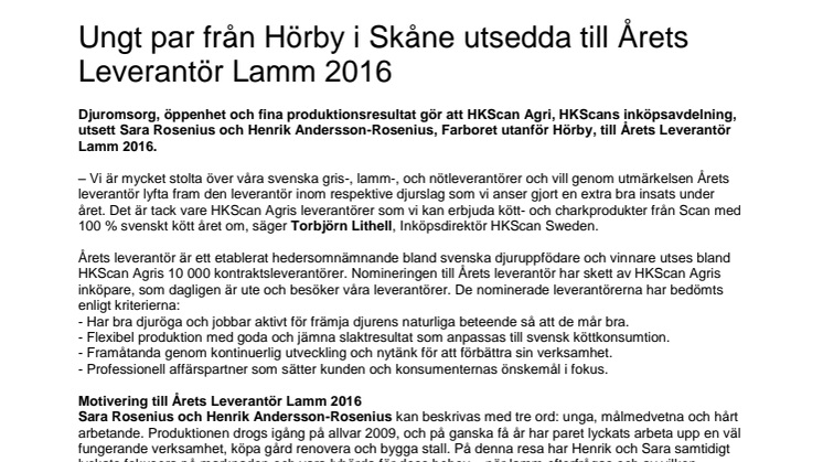 Ungt par från Hörby i Skåne utsedda till Årets Leverantör Lamm 2016 