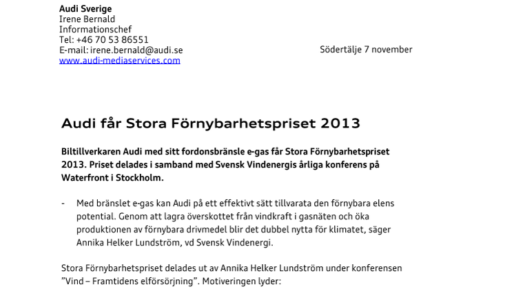 Audi får Stora Förnybarhetspriset 2013