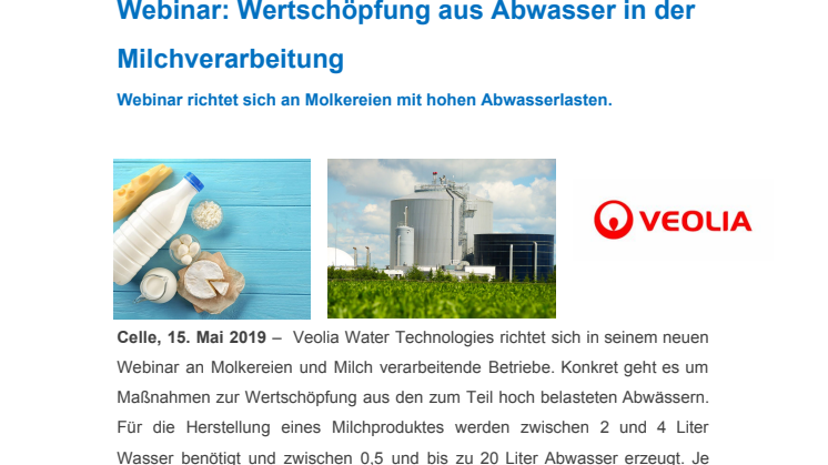 Neues Webinar: Wertschöpfung aus Abwasser in der Milchverarbeitung