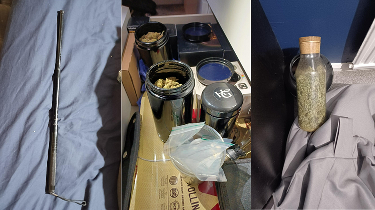A friction lock baton and several containers filled with cannabis were found stashed across a house by police.