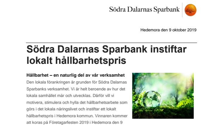 Södra Dalarnas Sparbank instiftar lokalt hållbarhetspris