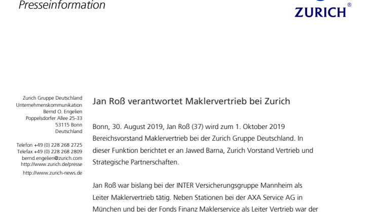 Jan Roß verantwortet Maklervertrieb bei Zurich