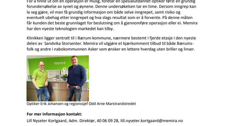Memira åpner øyelaserklinikk i Sandvika