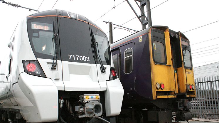 Old and new Class 717 and 313 Moorgate trains at Hornsey depot
