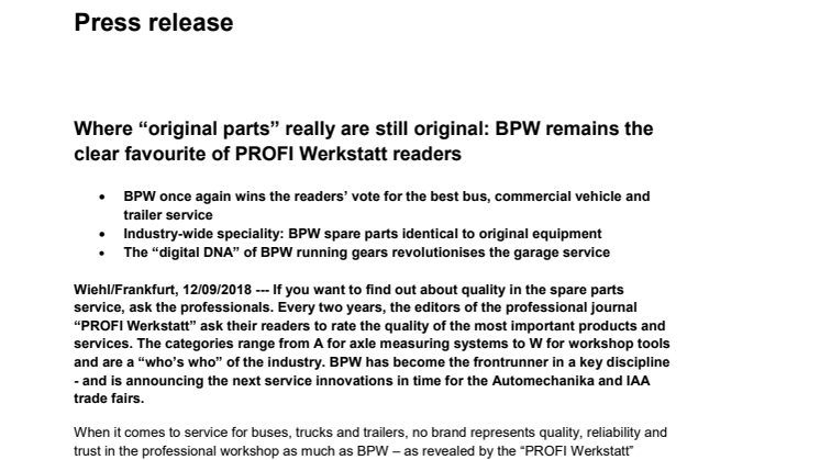 Where “original parts” really are still original: BPW remains the clear favourite of PROFI Werkstatt readers