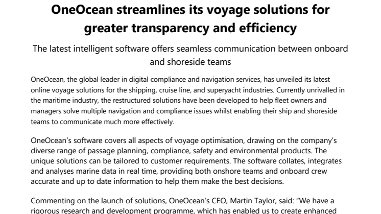 OneOcean streamlines its voyage solutions for greater transparency and efficiency