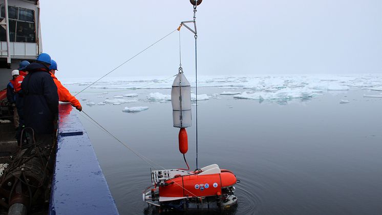 En spesialbygget, fjernstyrt undervannsfarkost sjøsettes fra den tyske isbryteren «Polarstern» i Aurora-området i 2014. (Foto: Chris German, WHOI)