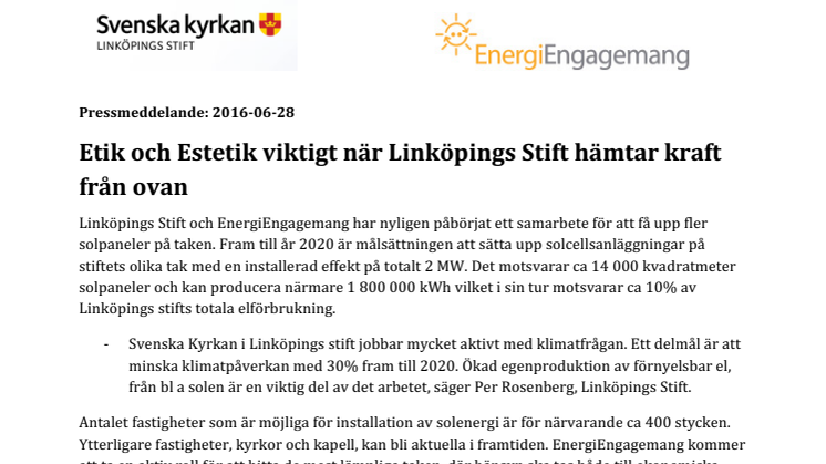 Etik och Estetik viktigt när Linköpings Stift hämtar kraft från ovan